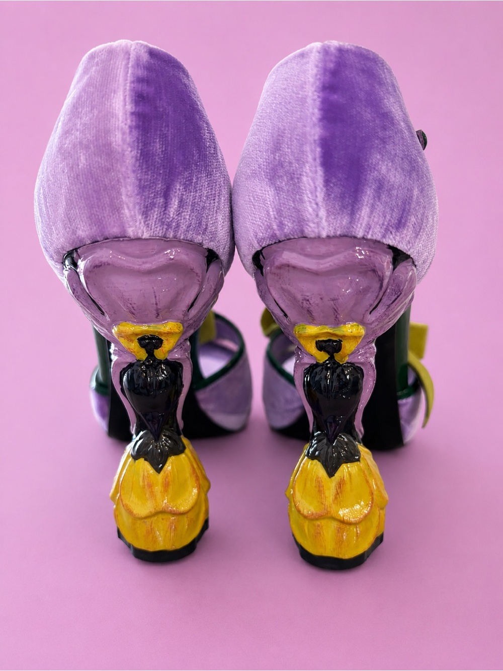 Prada Lavender Satin Heels with Green Trim and Mustard Bow - Picture 2 of 7